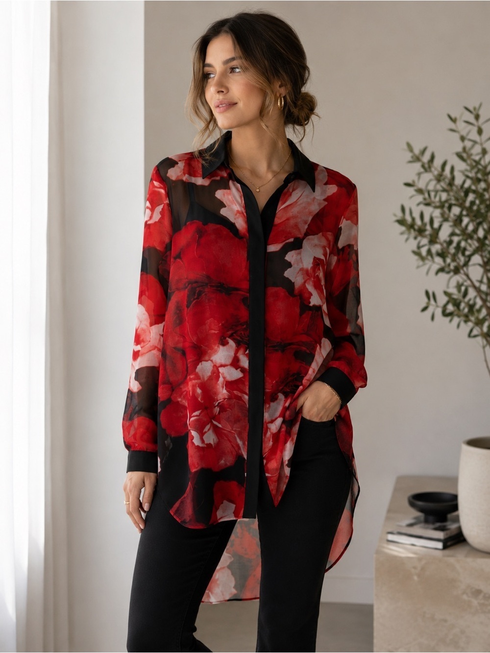 Melanie Lyne Floral Red and Black Women's Sheer Blouse Size 2 Oversized Tunic